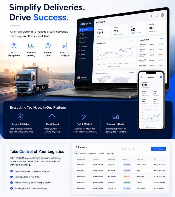 Sample logistics platform screens for orders, tracking and inventory